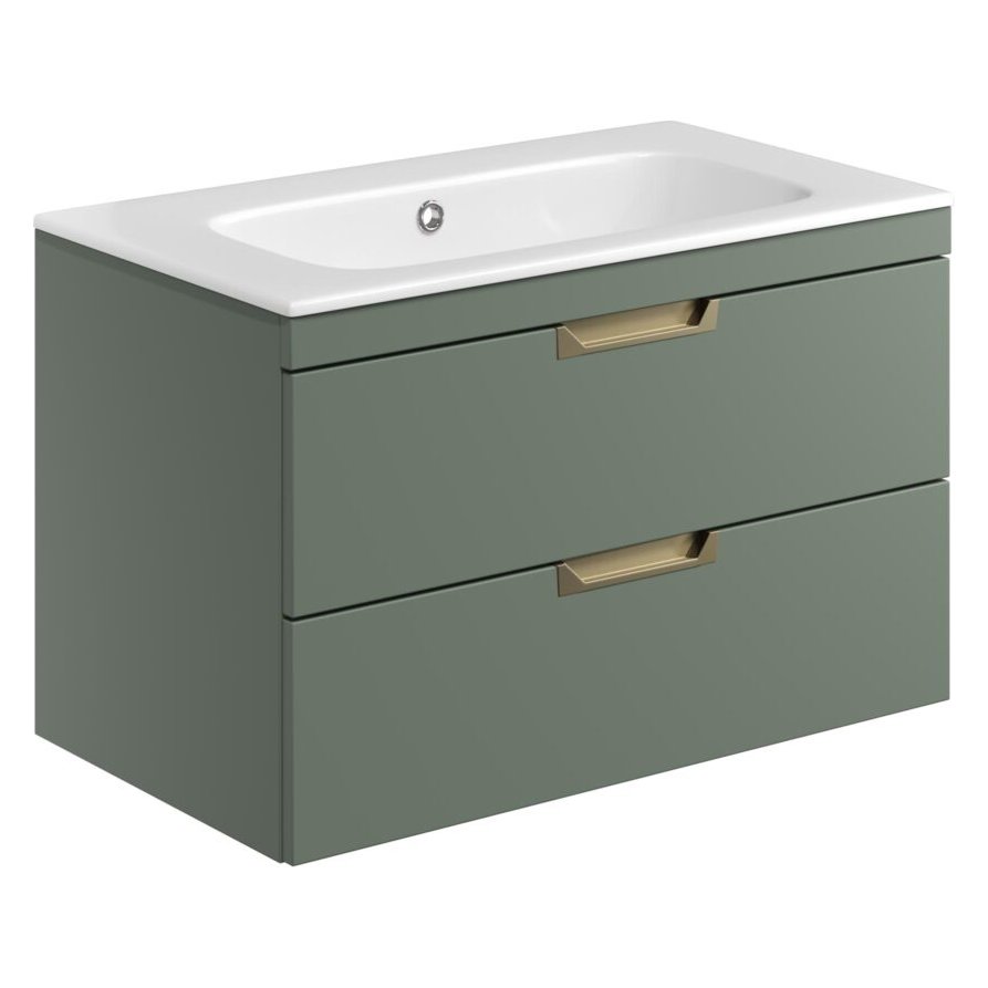 Aubrey 800 Wall Hung Vanity Unit (inc. Brushed Brass Handles) & Basin
